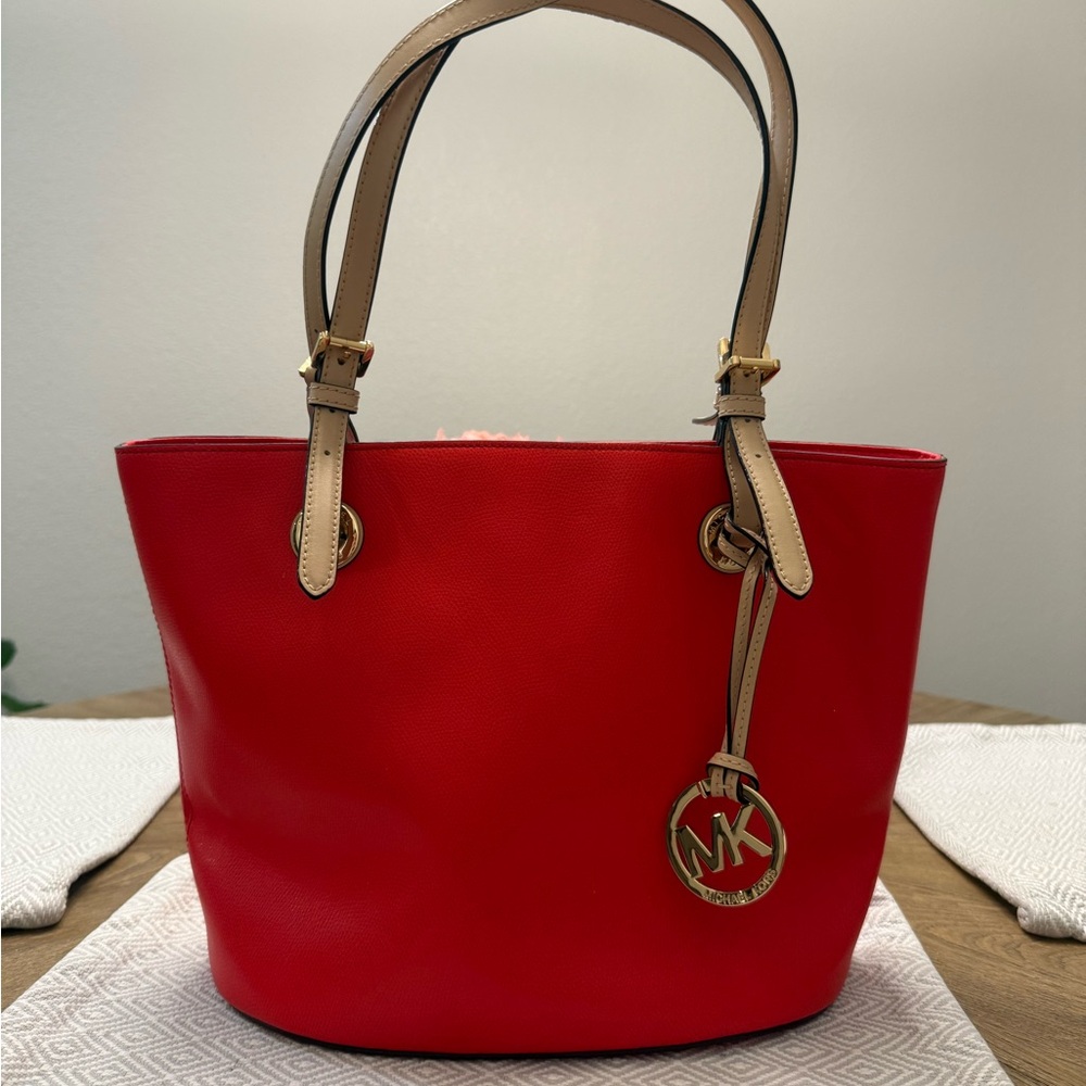 Michael Kors Cherry Red Tote with Tan Straps